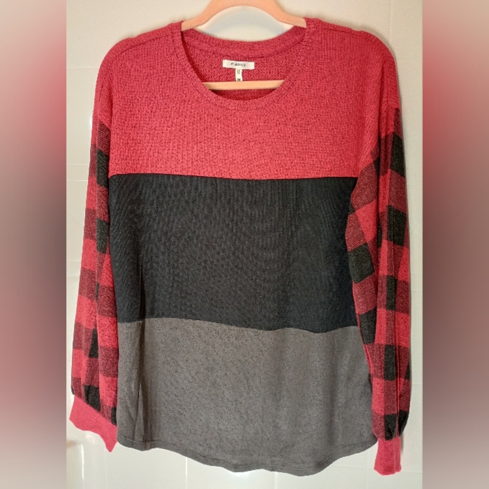 Maurices Women's Colorblock Sweater with Plaid Sleeves